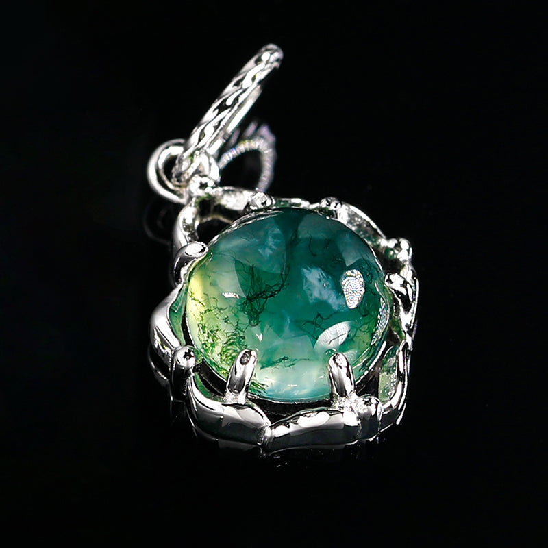 925 Sterling Silver Watercress Agate pendant Women Green Moss stone Elegant Temperament Necklace