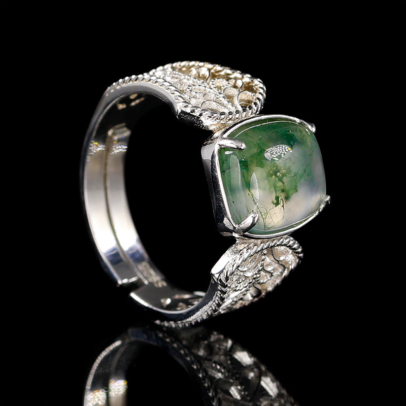 Square Moss Ring,Moss Agate Ring,Watercress Agate Ring,Exquisite Ring