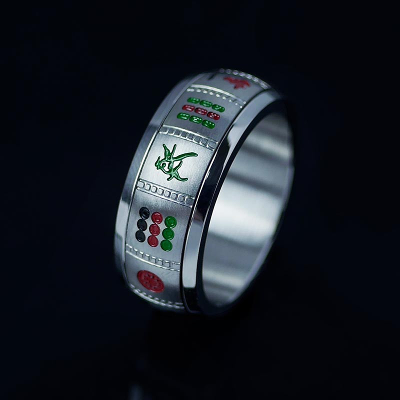 Sterling Silver Mahjong Themed Fidget Ring Plated with 14K White Gold, Traditional Asain Lucky Charm, Spinner Ring for Men & Women