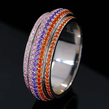 Iced Out Rainbow/Colorful Spinner Ring, Cubic Zirconia Fidget Ring For Men & Women, 925 Sterling Silver Calming Stone Meditation Ring